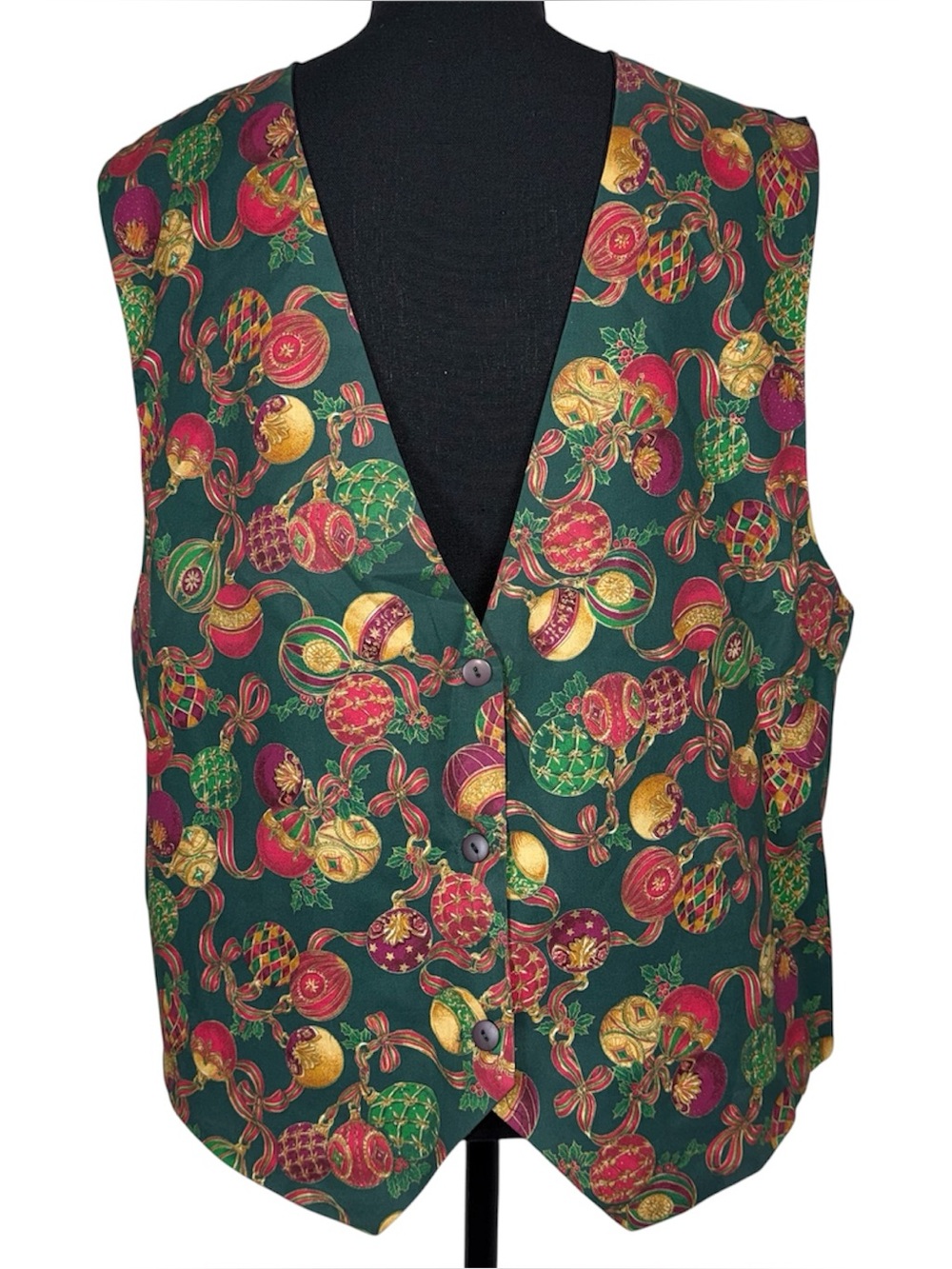 Vintage Ornament & Ribbon Pattern Button Front Christmas Vest Green Multi Sz M/L